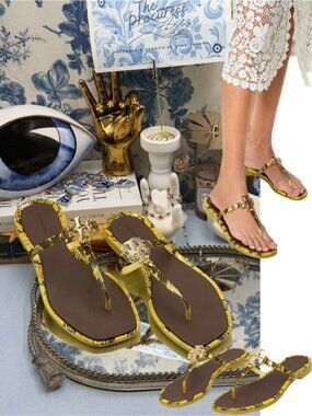 🆕 TORY BURCH 🧿 NWOB Roxanne Rubber Sandals, Brown & Yellow Lizard - Sz 7